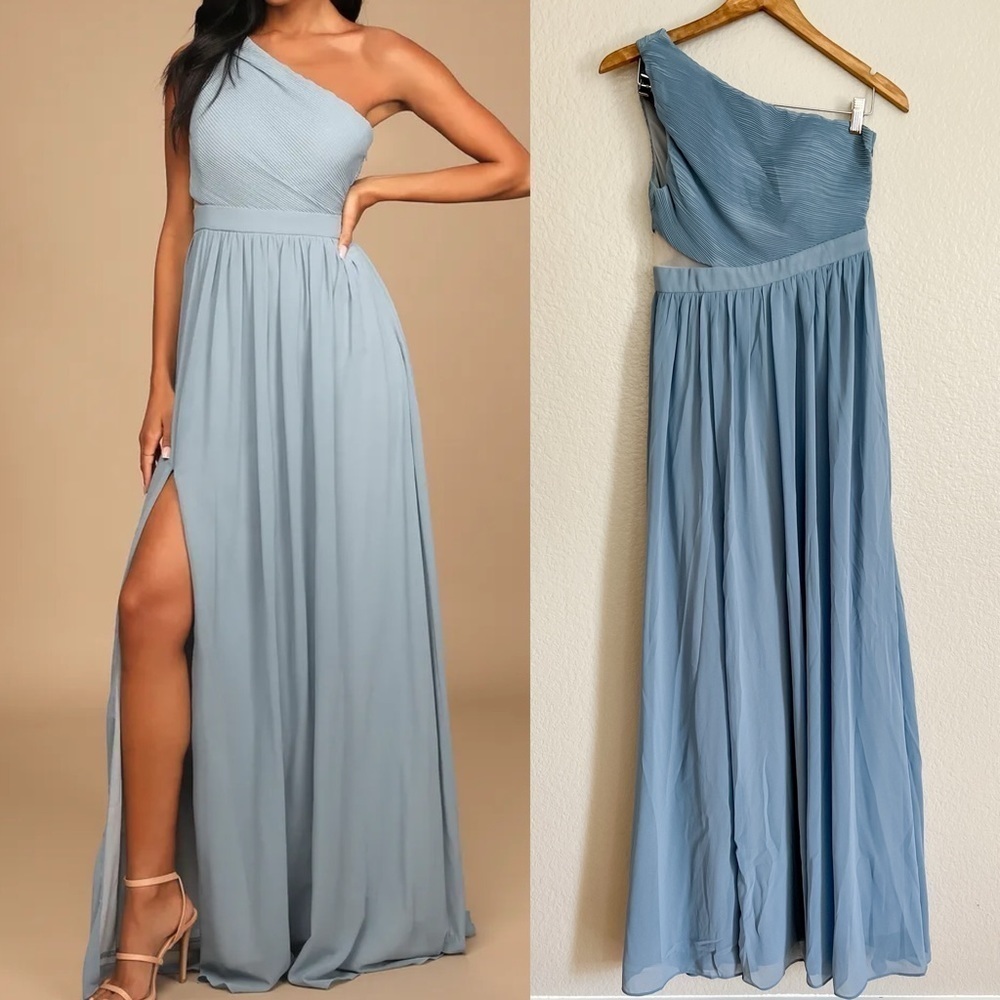 NWOT Lovely Endings Dusty Blue One-Shoulder Pleated Maxi Dress